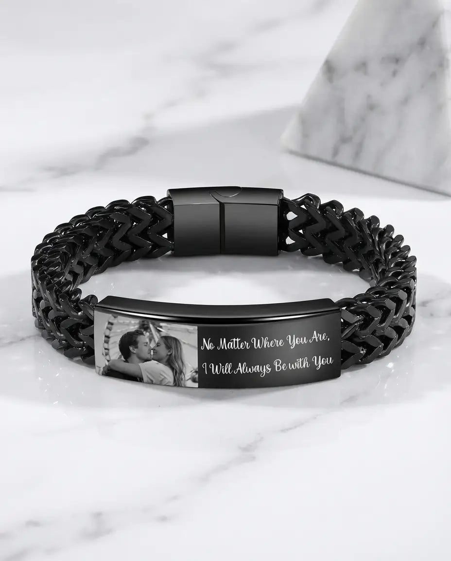 Armband Herr med Bild – Pansarlänk i Rostfritt Stål med Bild i Plattan och Gravyr – Present till Honom