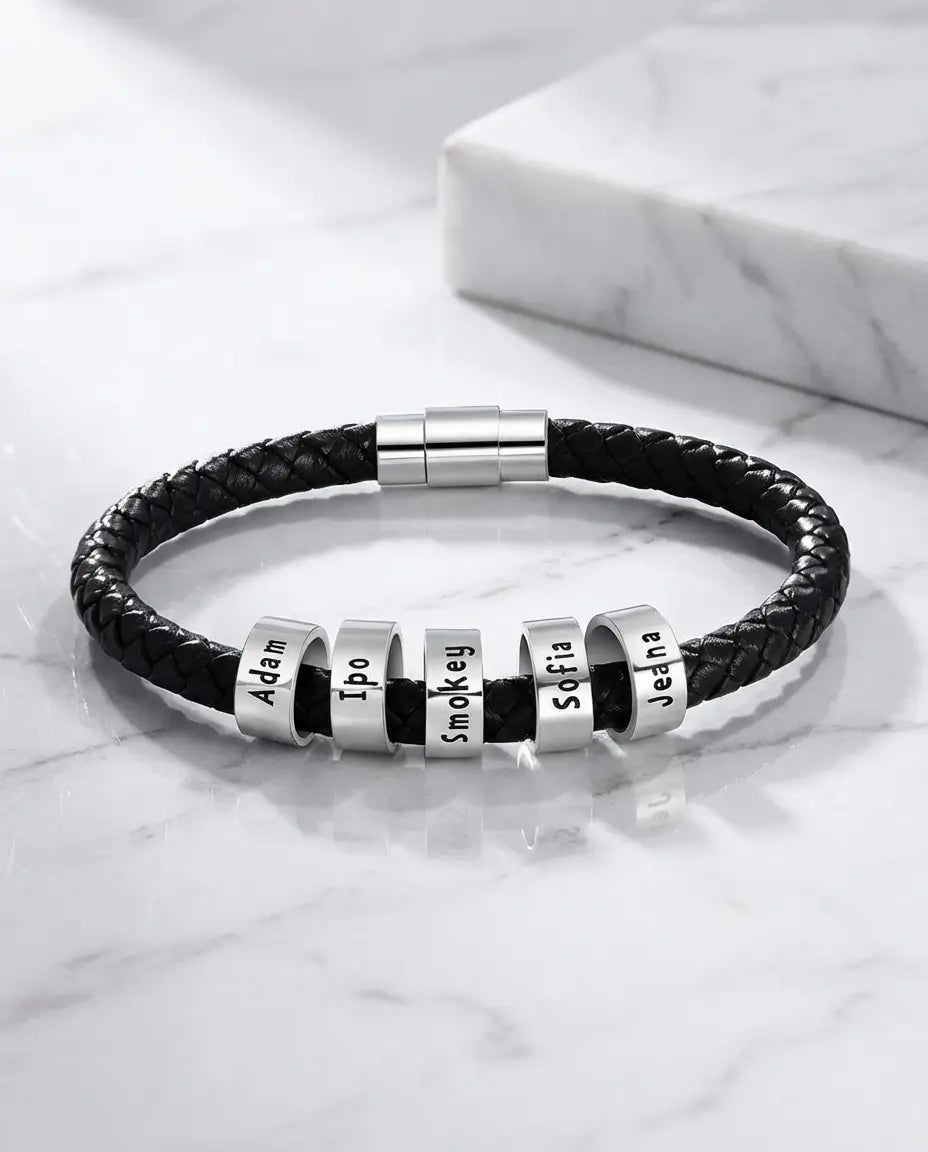 Graverat Armband Herr – Flätat Band med Pärlor i 925 Sterling Silver