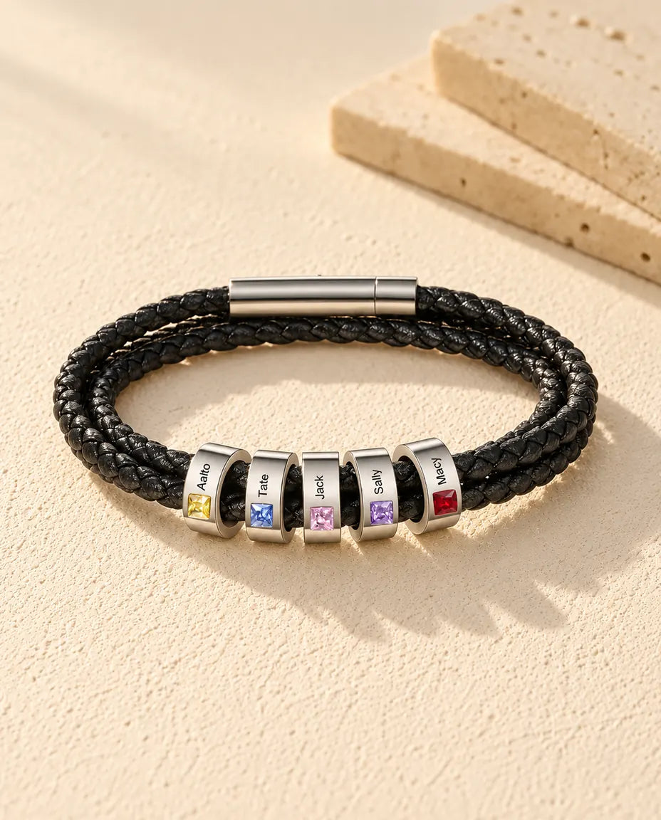 Läderarmband Herr med Månadsstenar - version med 5 namn och månadsstenar
