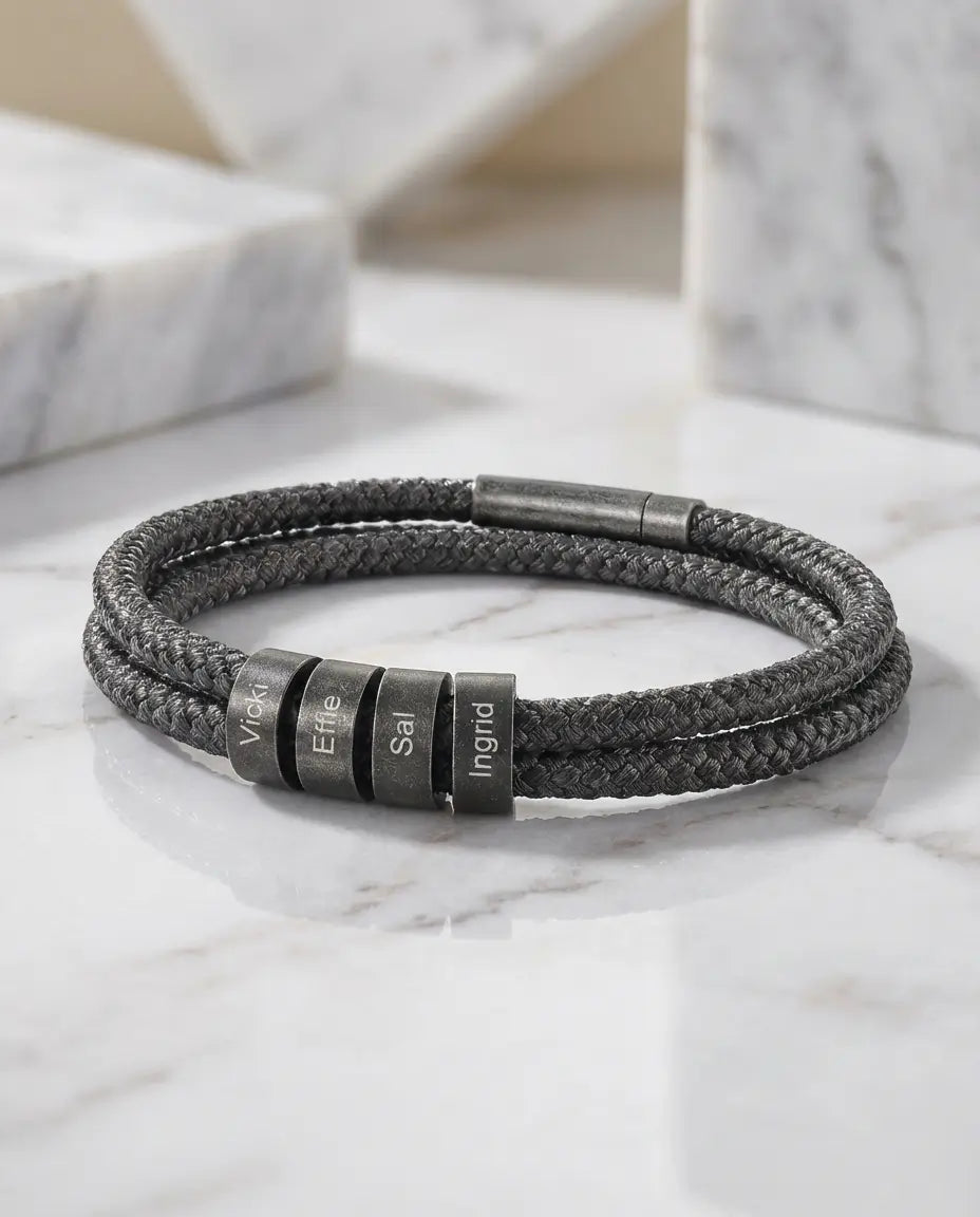 Graverat Armband Herr i Tvinnat Rep – Vintagepärlor i Rostfritt Stål med Namn