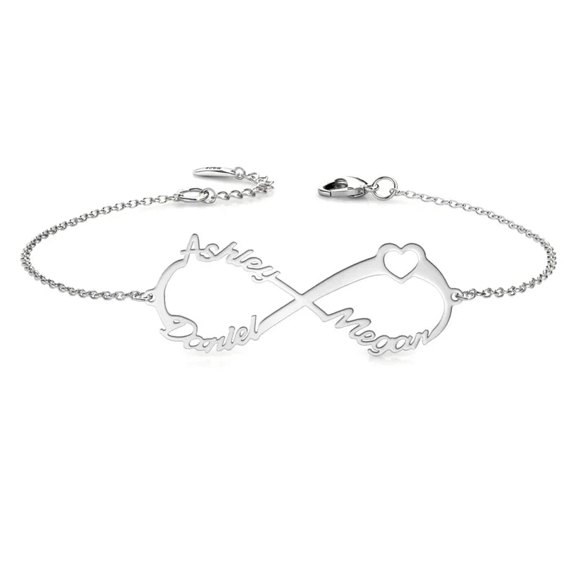 Personligt Armband – Infinitysymbol med Tre Namn i 925 Sterling Silver eller Koppar – Present till Mamma