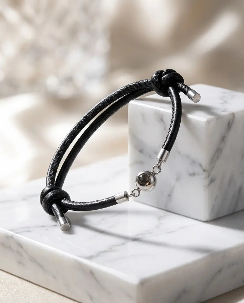 Armband med Bild Inuti – Flätat Läder med Stålpärla, Justerbar Unisexmodell – Present till Honom