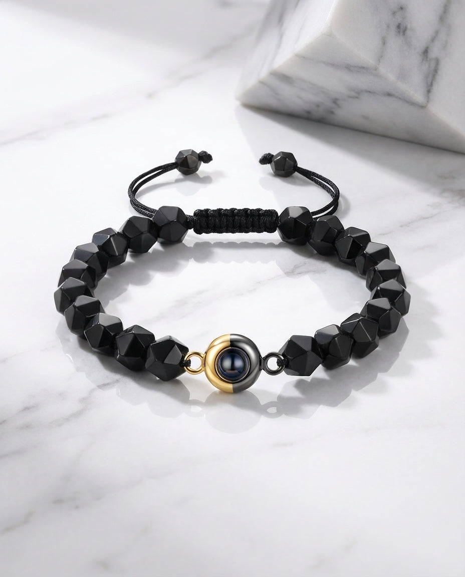Armband med Bild Inuti – Fasetterade Pärlor av Svart Obsidian