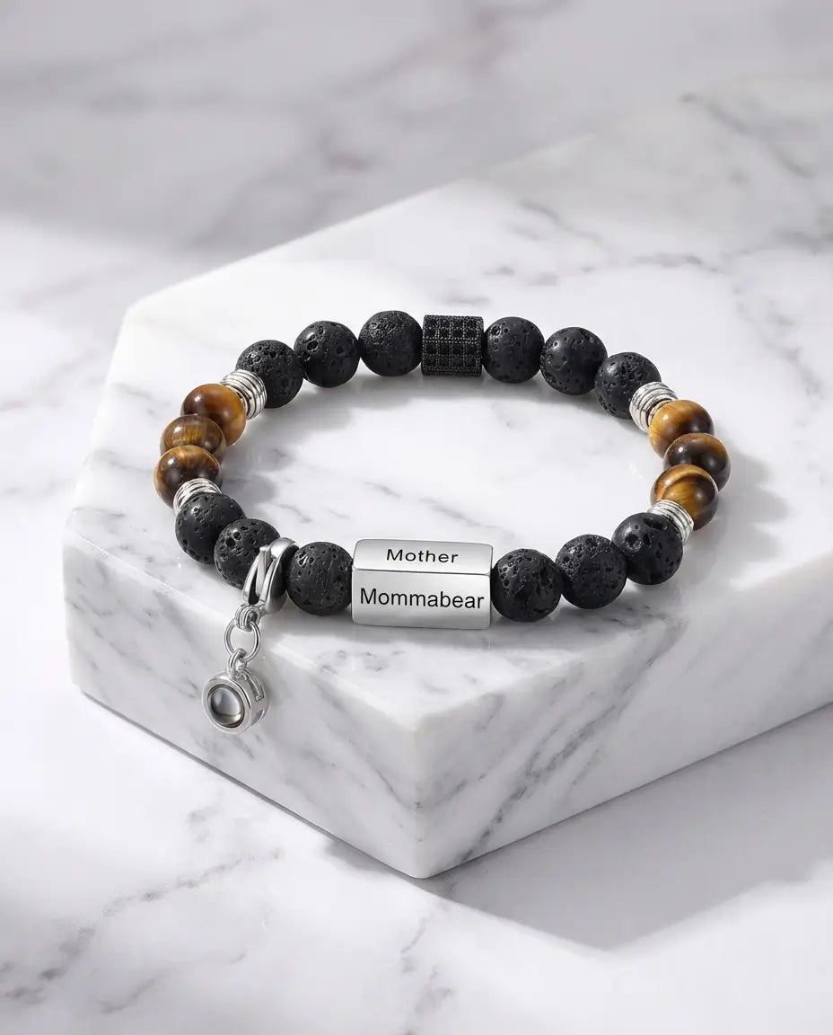Armband med Bild Inuti – Tigeröga, Lavasten och Graverad Stav med 1–4 Namn
