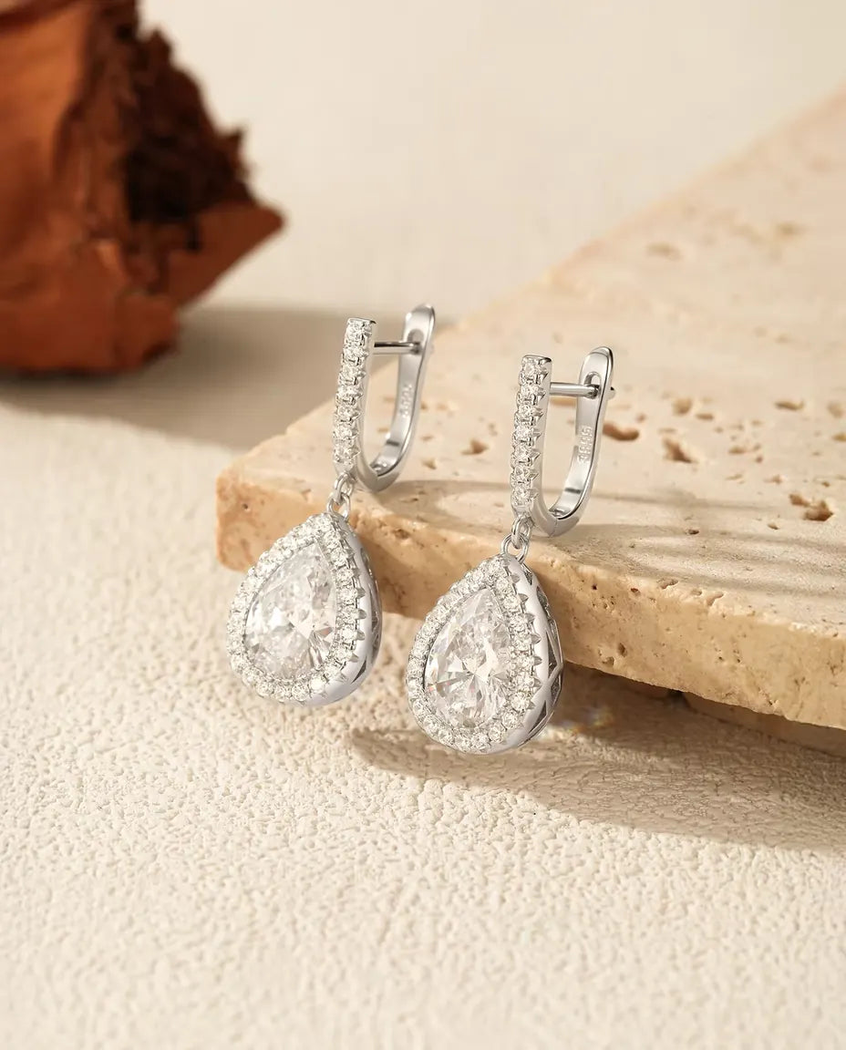 Droppe Örhängen med zirkoniahalo - klafflås med pavé, 28,5 mm långa, 925 sterlingsilver