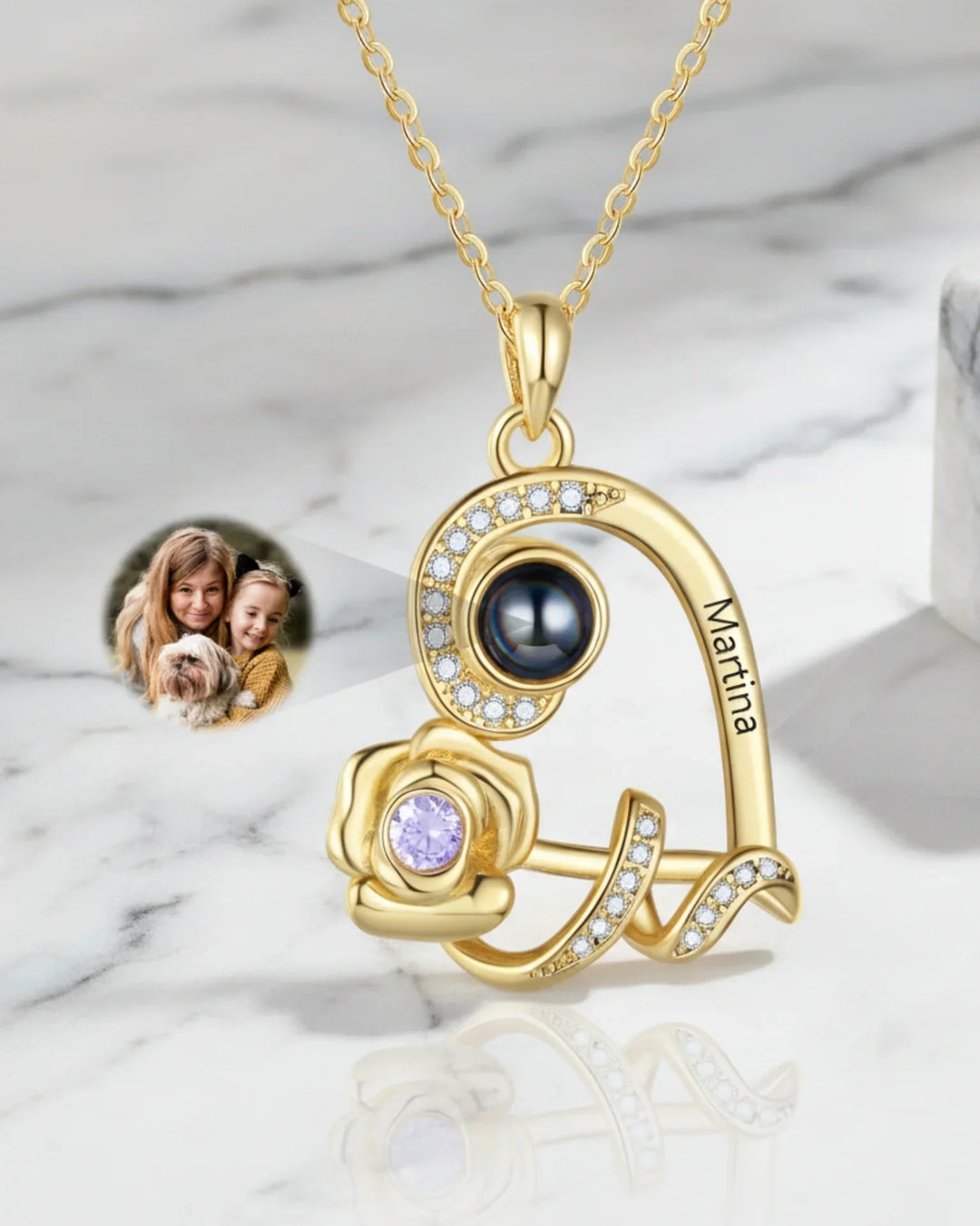 Halsband med Bild Inuti – Hjärta med Ros, Gravyr och Månadssten, Present till Henne