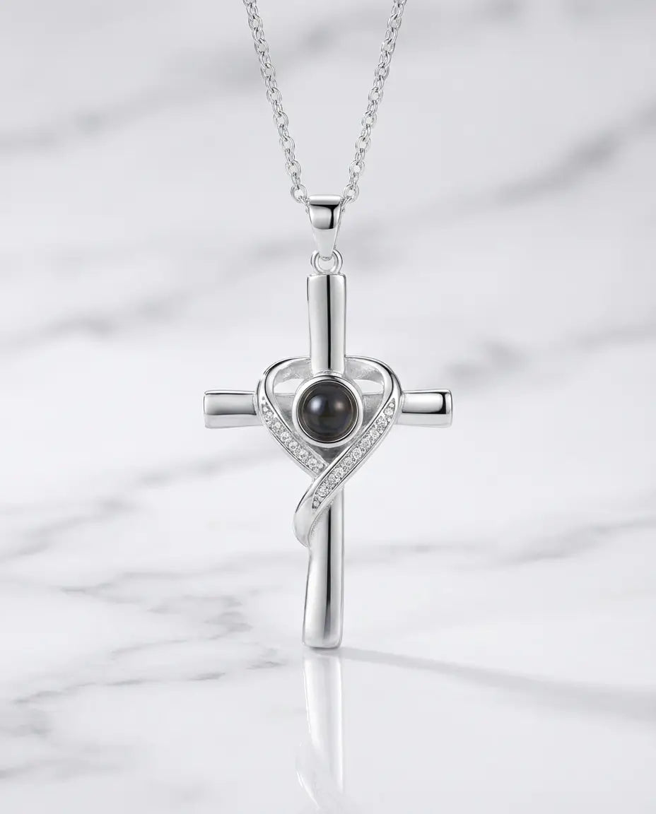 Halsband med Bild Inuti – Kors med Hjärta i 925 Sterling Silver, Julklapp till Henne