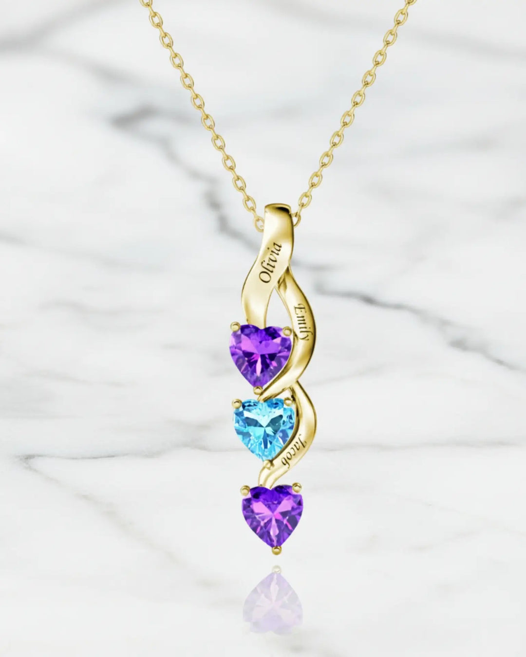Halsband med Månadssten – Oändlighetshänge med Tre Hjärtan och Tre Graverade Namn, 925 Sterling Silver