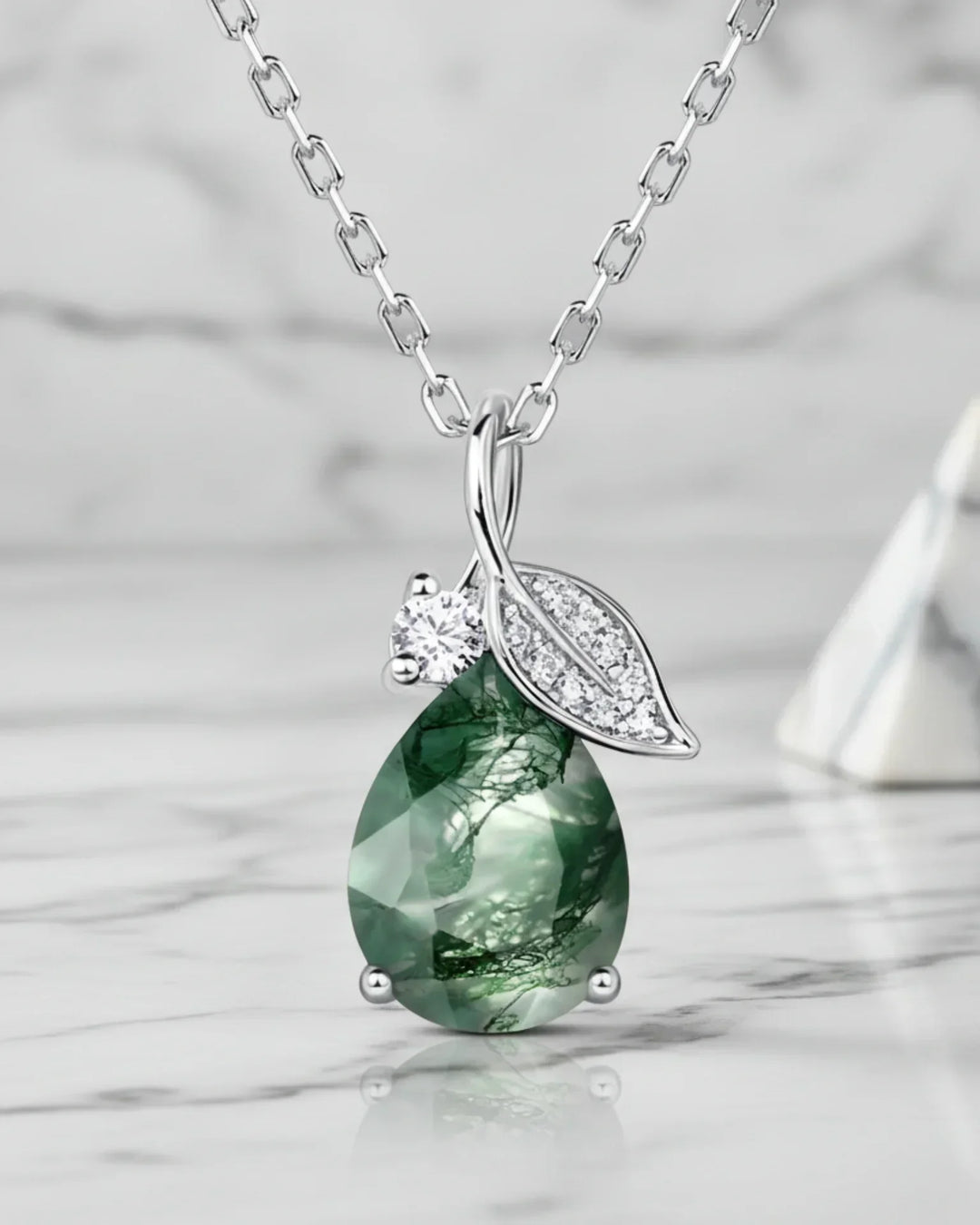Moss Agate Halsband – Droppformad Sten med Blad och Zirkonia, 925 Sterling Silver, Gåva till Henne
