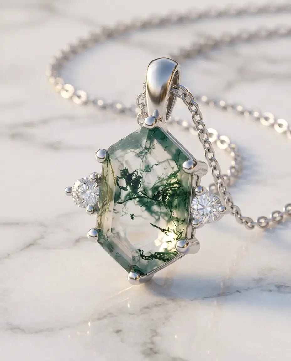 Moss Agate Halsband – Hexagonslipad Sten, Litet Hänge i 925 Sterling Silver, Gåva till Henne