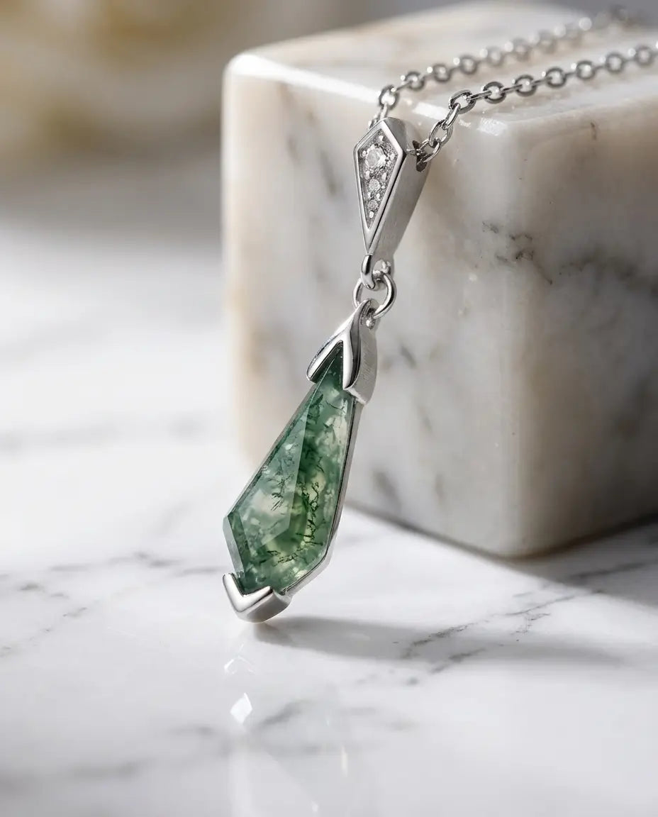 Moss Agate Halsband – Avlång Kite-slipning i Art Déco-stil, 925 Sterling Silver, Gåva till Henne