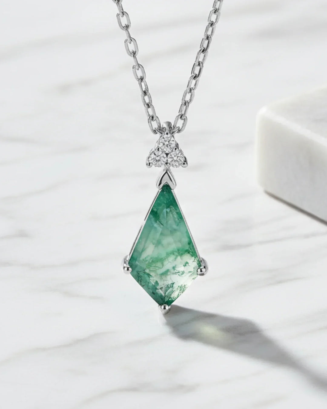 Moss Agate Halsband – Kite-slipad Sten med Zirkonia runt om, 925 Sterling Silver, Gåva till Henne