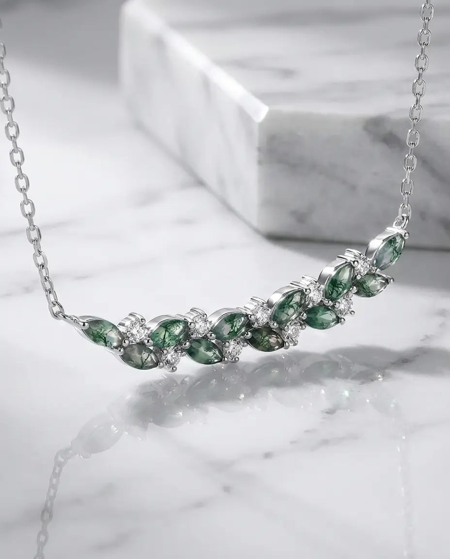 Moss Agate Halsband – Marquiseslipade Stenar på Silvergren, Sterling Silver, Gåva till Henne