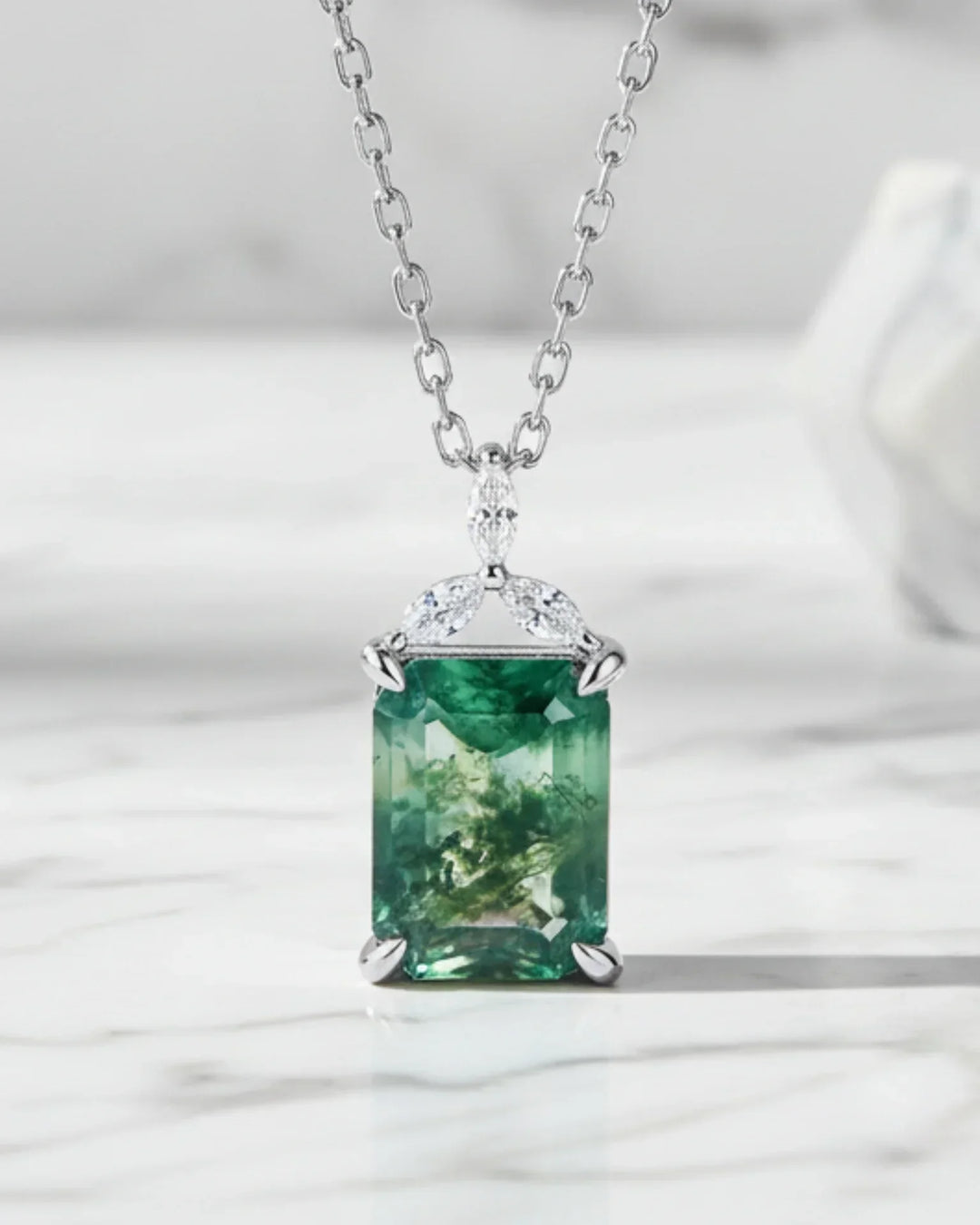 Moss Agate Halsband – Smaragdslipad Sten med Marquise-Zirkonia, 925 Sterling Silver, Gåva till Henne