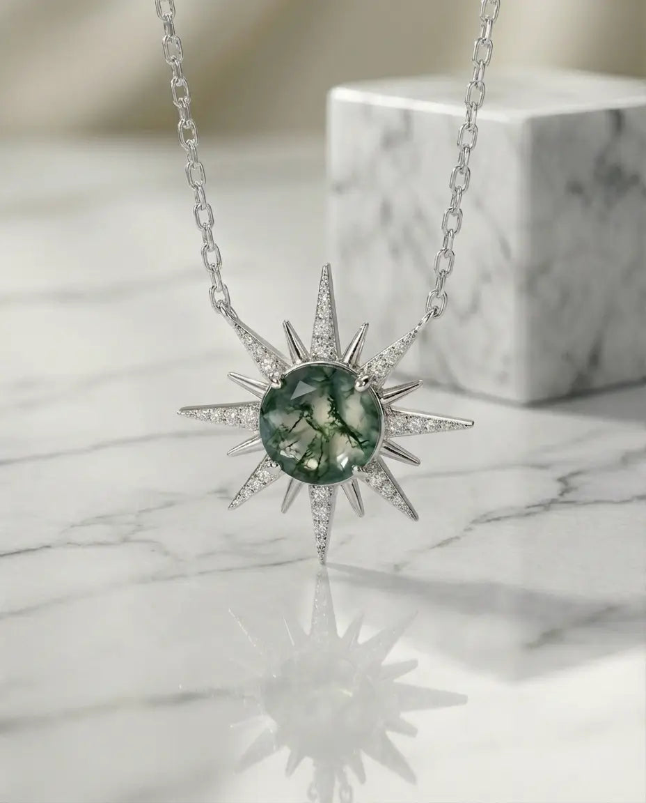 Moss Agate Halsband – Solstråleformat Hänge med Zirkonia, 925 Sterling Silver, Gåva till Henne