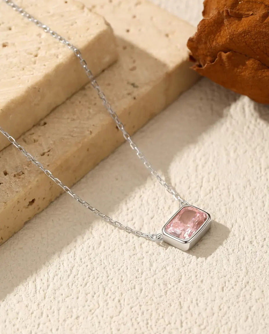 Rosa Zirkonia Halsband – hänge 5 x 7 mm i sluten infattning, 925 sterlingsilver, justerbar ankarkedja 40+5 cm