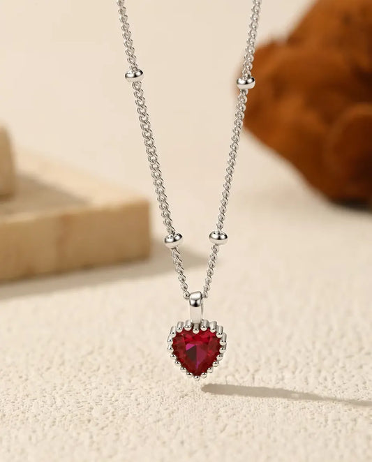 Rött Zirkonia Hjärta Halsband – hänge 5 mm med pärlkantad infattning, 925 sterlingsilver, kulkedja 40+5 cm