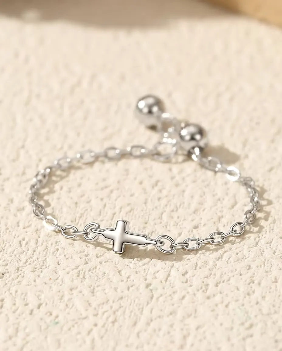 Kors kedjering - polerat kors på 3 x 4 mm på fin ankarkedja med kulor som glider, justerbar, 925 sterlingsilver, US 3-9