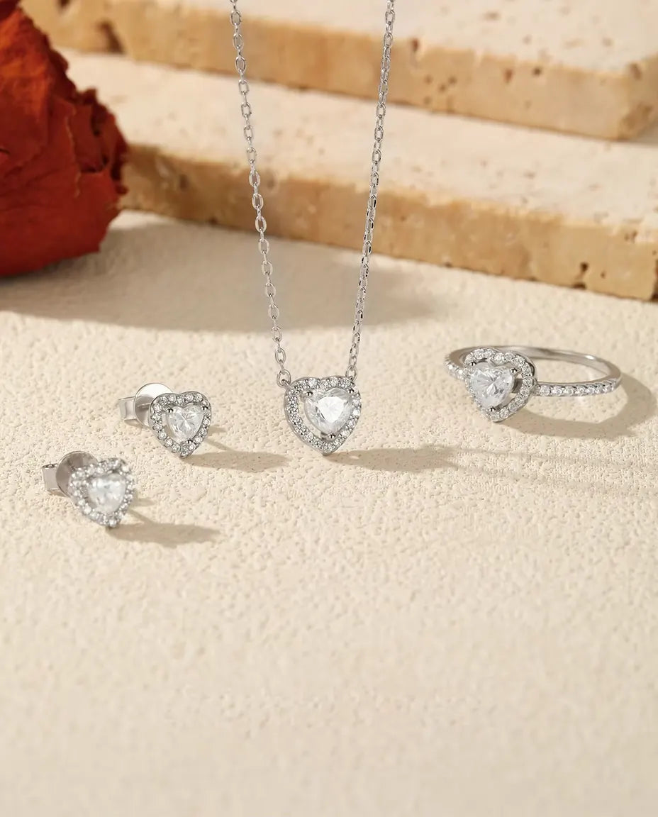 Moissanite Smyckeset med Hjärta i 925 Sterlingsilver - hela setet på ljus sten