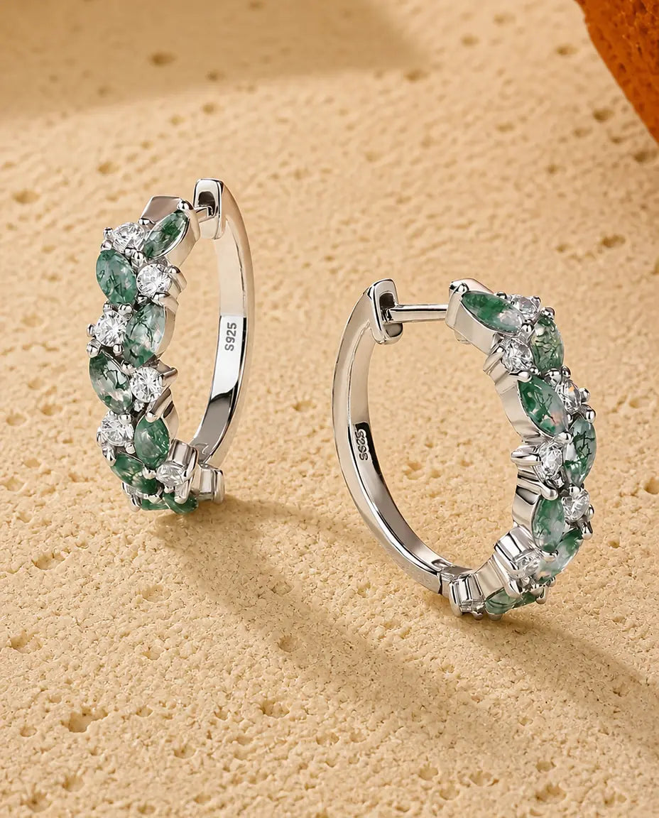 Mossagat huggie-ringar - Marquiseslipad mossagat och zirkonia infattade runt om, 19 mm, 925 sterlingsilver, present till henne