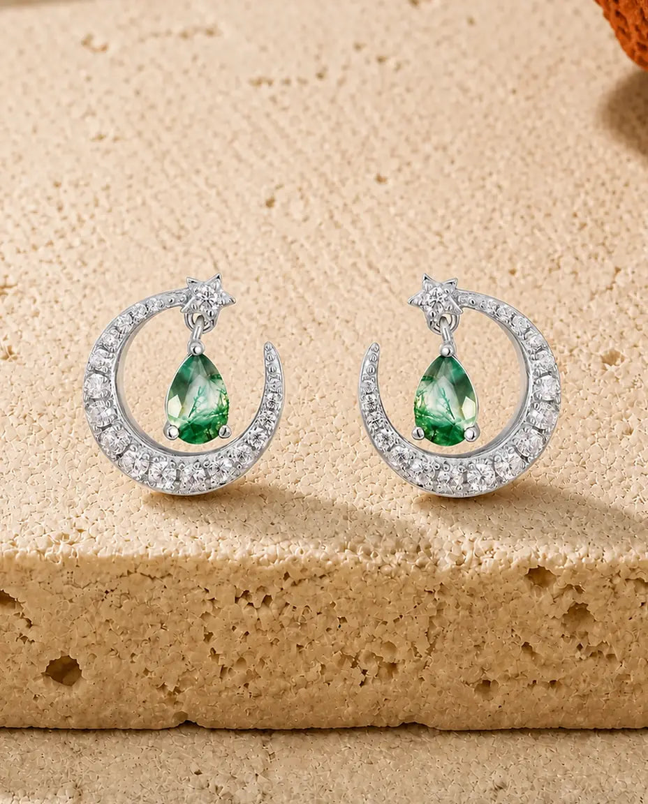 Mossagat Örhängen - Månskära med stjärna och mossagat-droppe, 925 sterlingsilver, present till henne