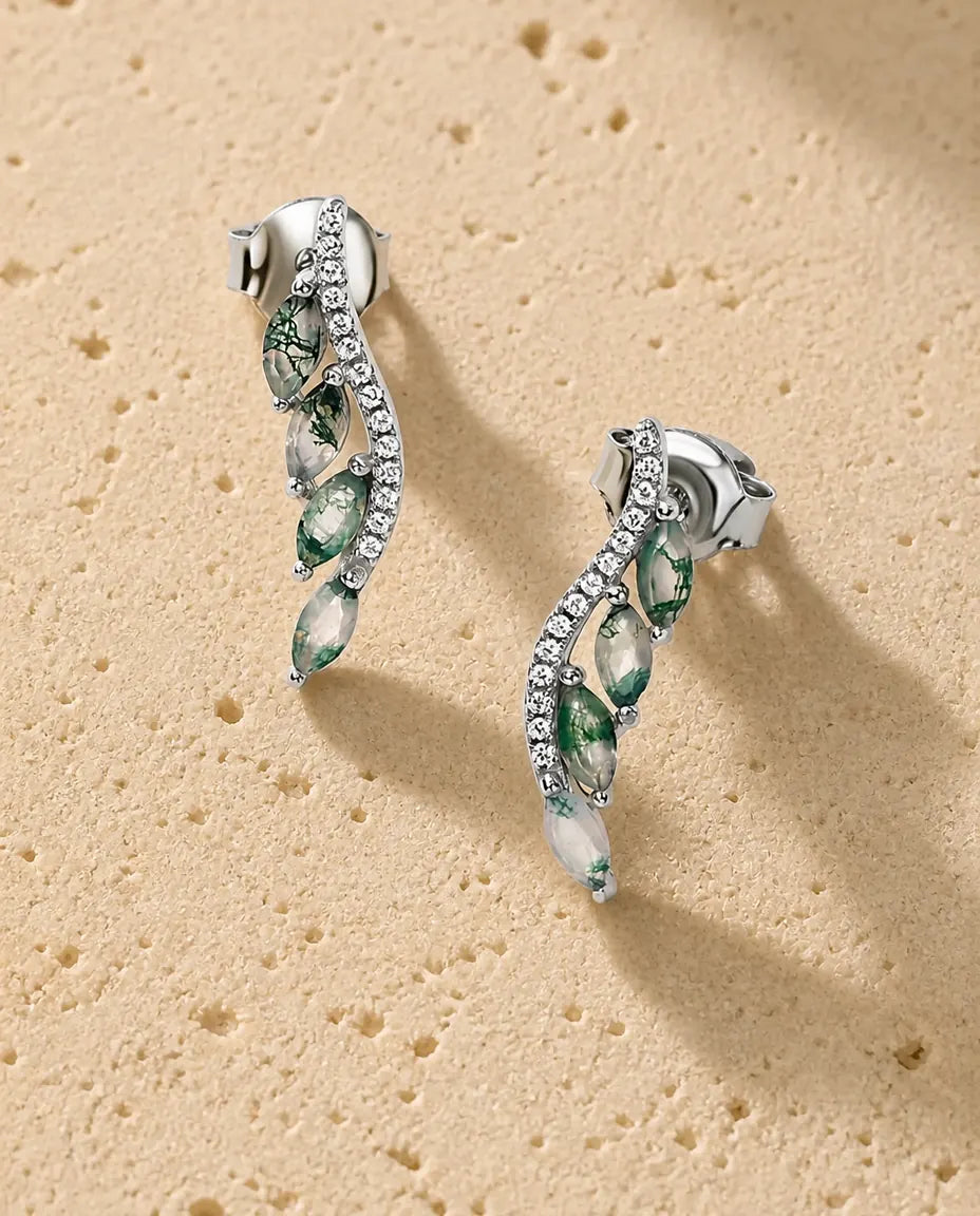 Mossagat öronklättrare - Fyra marquiseslipade stenar på en pavébåge, 18 mm, 925 sterlingsilver, present till henne