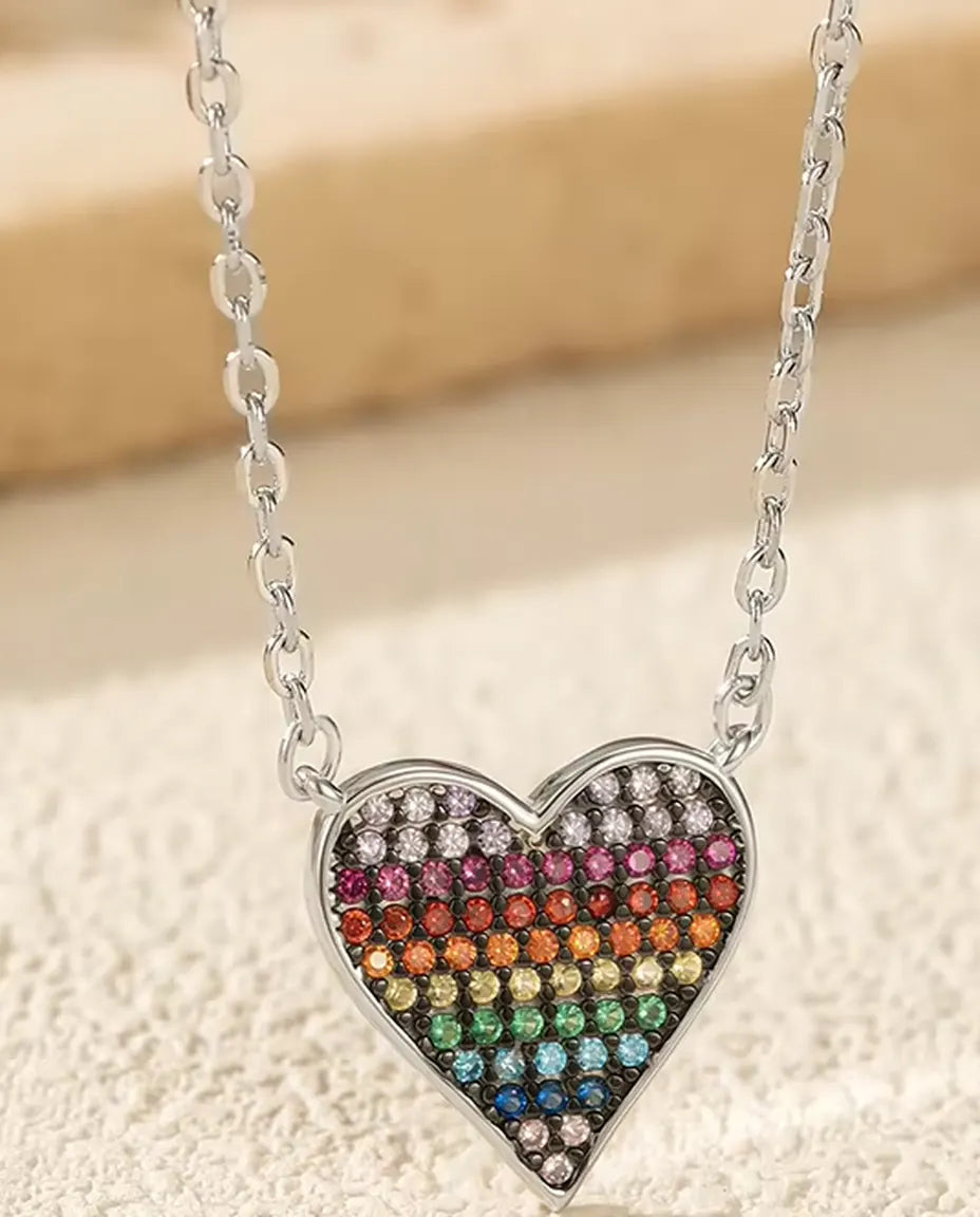 Regnbåge Hjärta Halsband - hänge med pavé i zirkoniatoning, 40+5 cm, 925 sterlingsilver