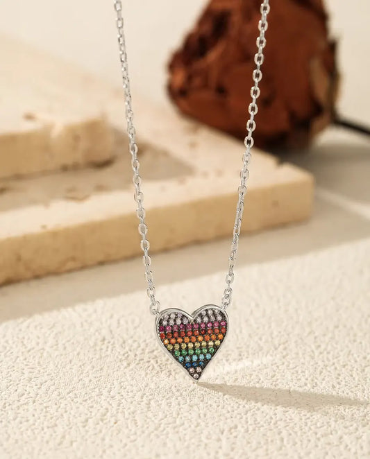 Regnbåge Hjärta Halsband - hänge med pavé i zirkoniatoning, 40+5 cm, 925 sterlingsilver