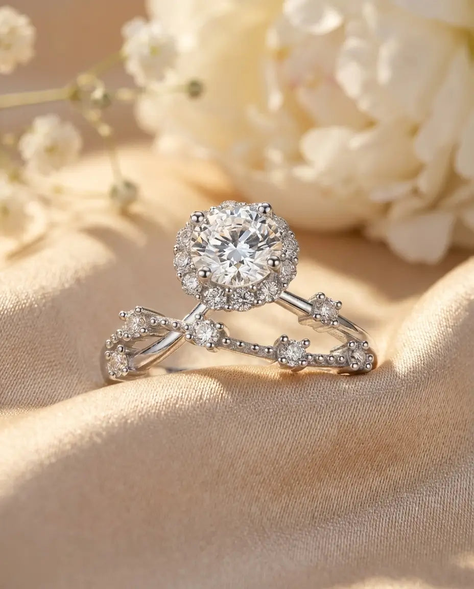 Moissanite Ring – Rund Halo 0,8 ct med Tvinnad Skena i 925 Sterling Silver, Vintage Förlovningsring