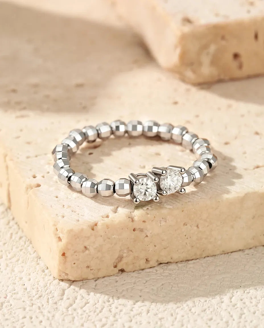 Moissanite Ring Justerbar med Två Stenar – Facetterade Kulor i 925 Sterling Silver