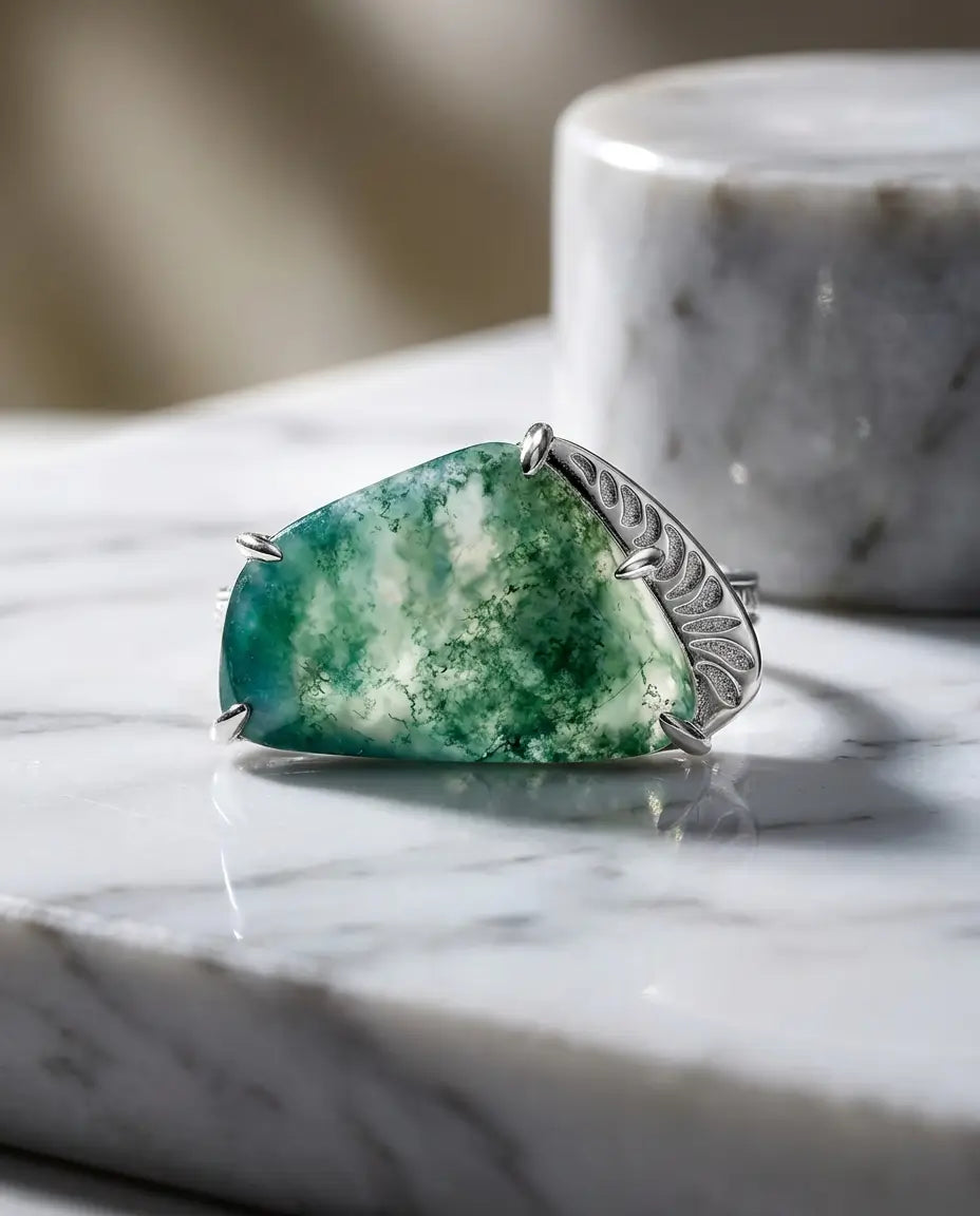 Moss Agate Ring – Friformad Sten 11x15 mm med Graverade Ormbunksblad, Justerbar 925 Sterling Silver