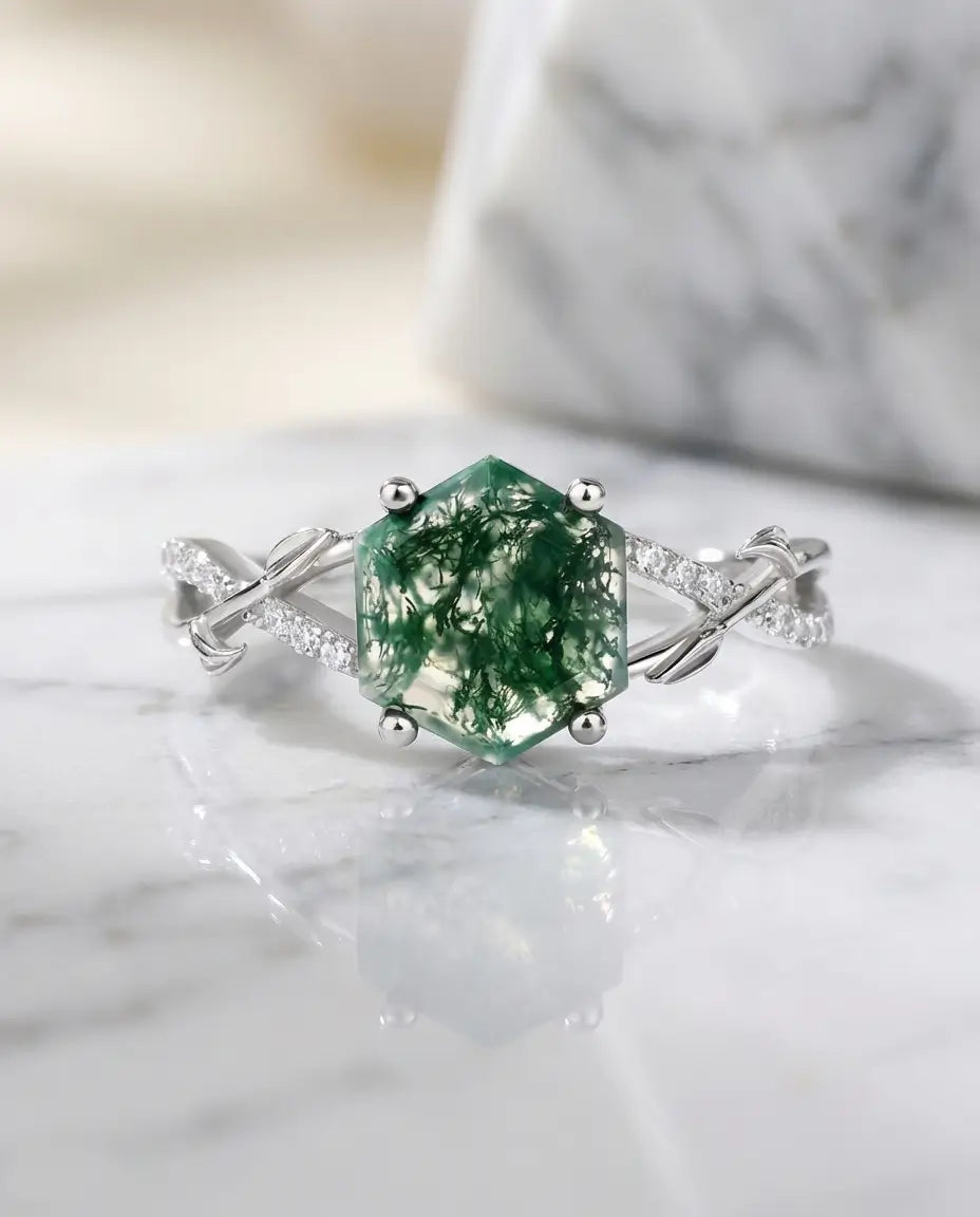 Moss Agate Ring – Hexagon 8 mm med Vinrankor i 925 Sterling Silver, Naturinspirerad Förlovningsring