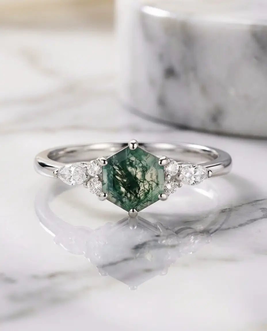 Moss Agate Ring – Hexagon 7 mm Art Deco, Guld eller Silver, 925 Sterling Silver