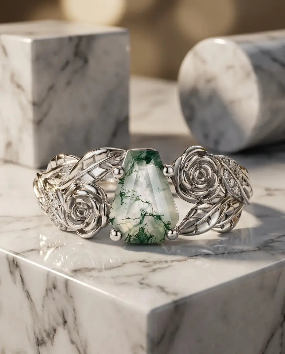 Moss Agate Ring – Kistslipad Sten med Vintagerosor och Löv, Vitguldpläterat 925 Sterling Silver