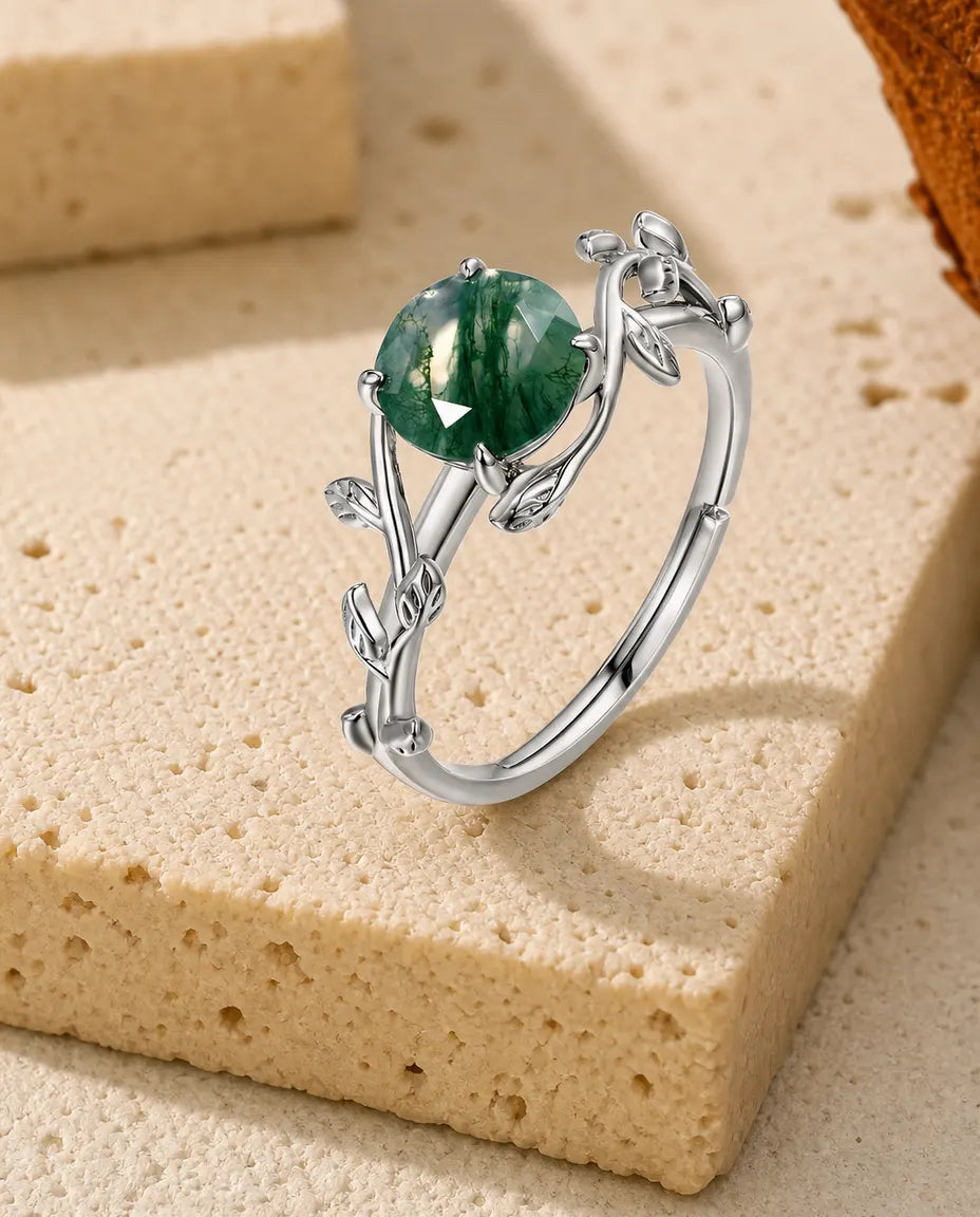 Moss Agate Ring – Rosenslipad Sten med Murgröna och Blad, Justerbar i 925 Sterling Silver
