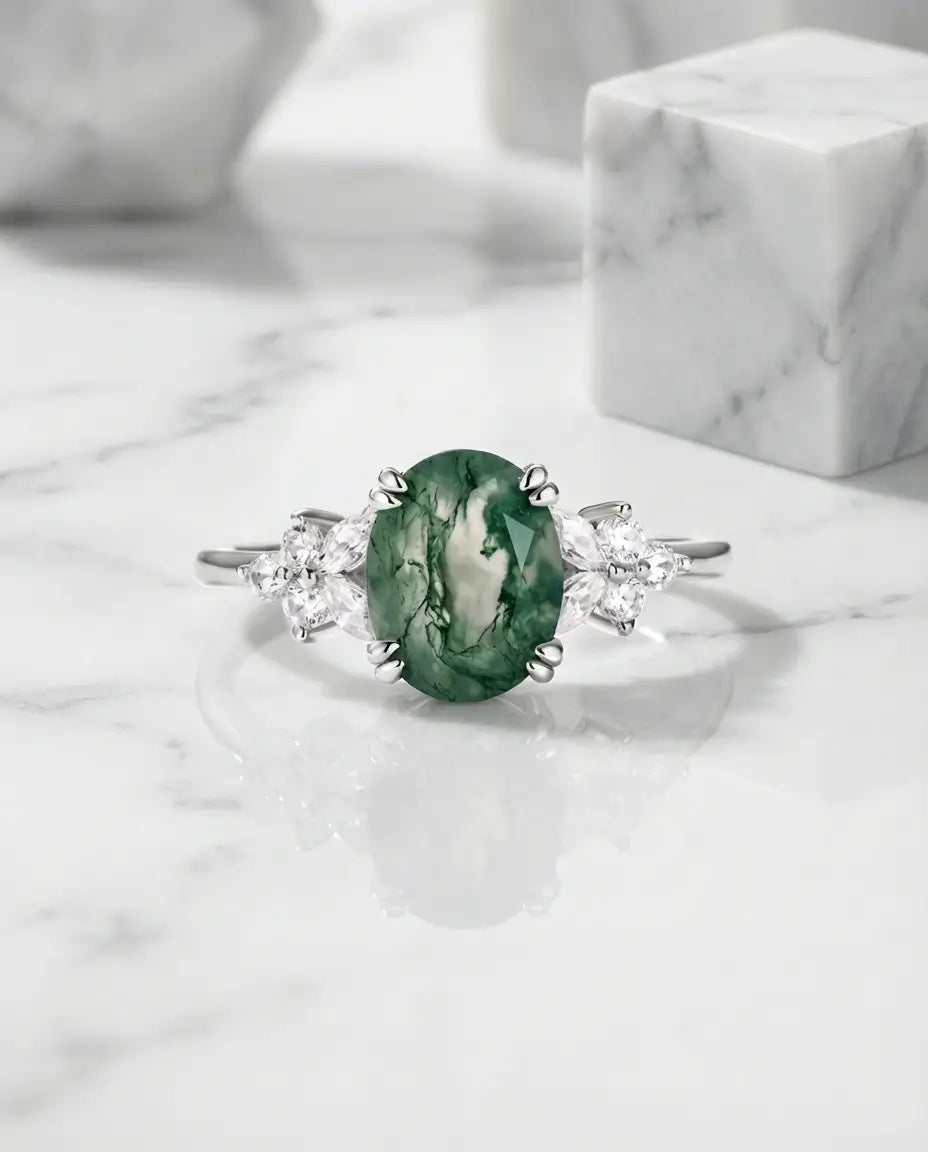 Moss Agate Ring – Oval Sten 7x9 mm i 925 Sterling Silver, Present till Naturälskaren