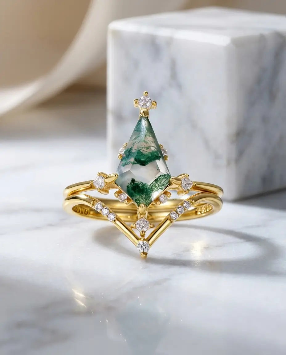 Moss Agate Ringset – Art Deco Kite-slipning i Kompassinfattning, 10K Guldpläterad med Zirkonia