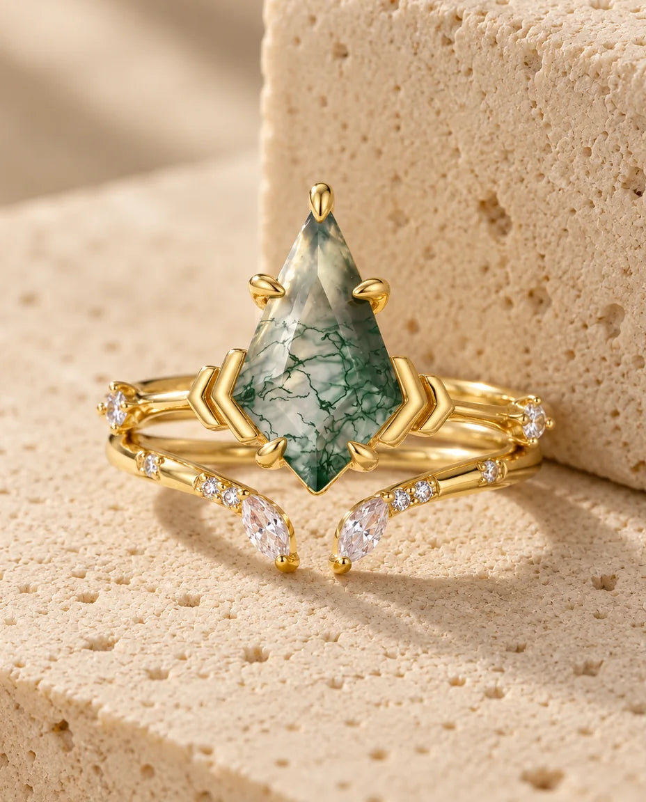 Moss Agate Ringset - hela setet