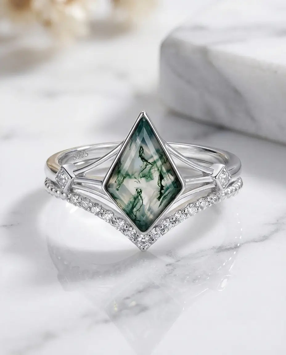Moss Agate Ringset – Kite-slipad Sten med Välvt Band och Zirkonia, 925 Sterling Silver till Bröllopet