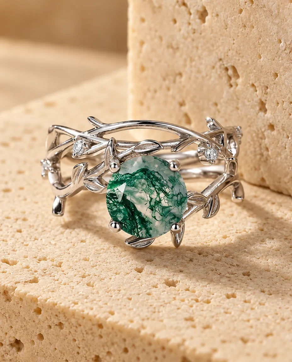 Moss Agate Ringset - hela setet