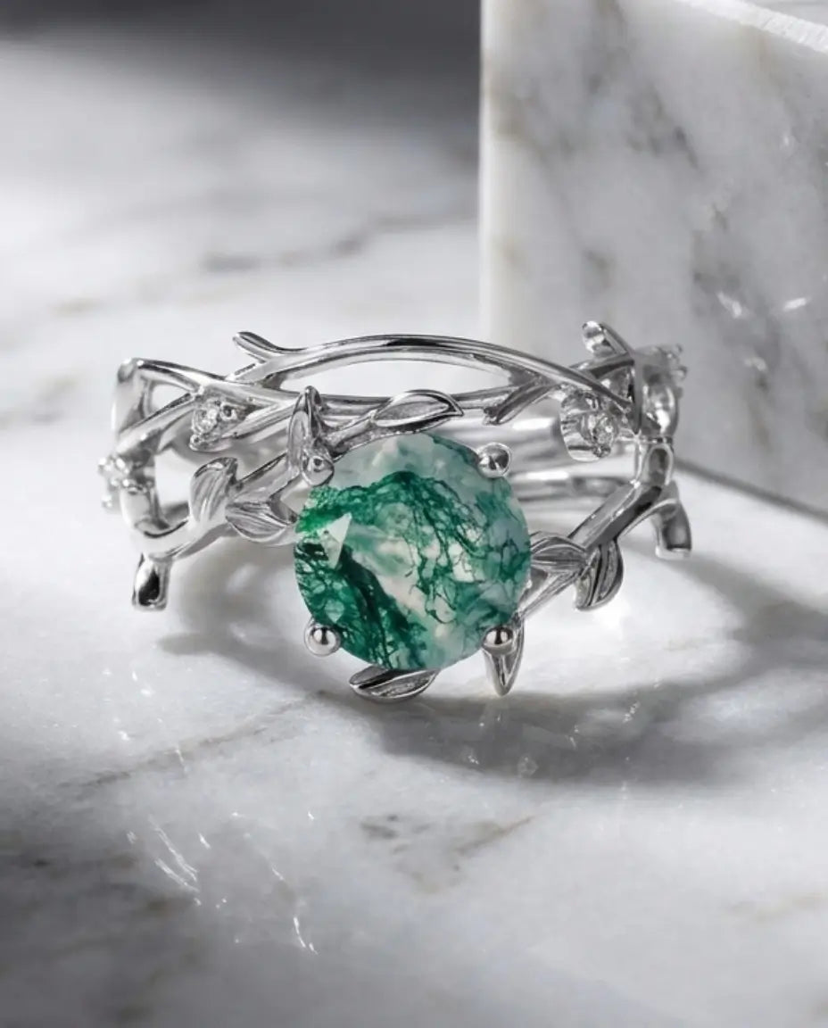 Moss Agate Ringset – Kvistmotiv med Löv och Zirkonia, Justerbart i 925 Sterling Silver