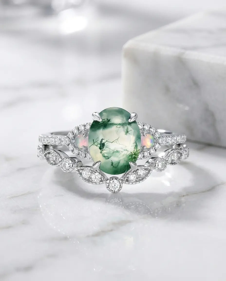 Moss Agate Ringset – Oval Sten med Opaler och Pavé i Vintagestil, 925 Sterling Silver, Bröllopsgåva