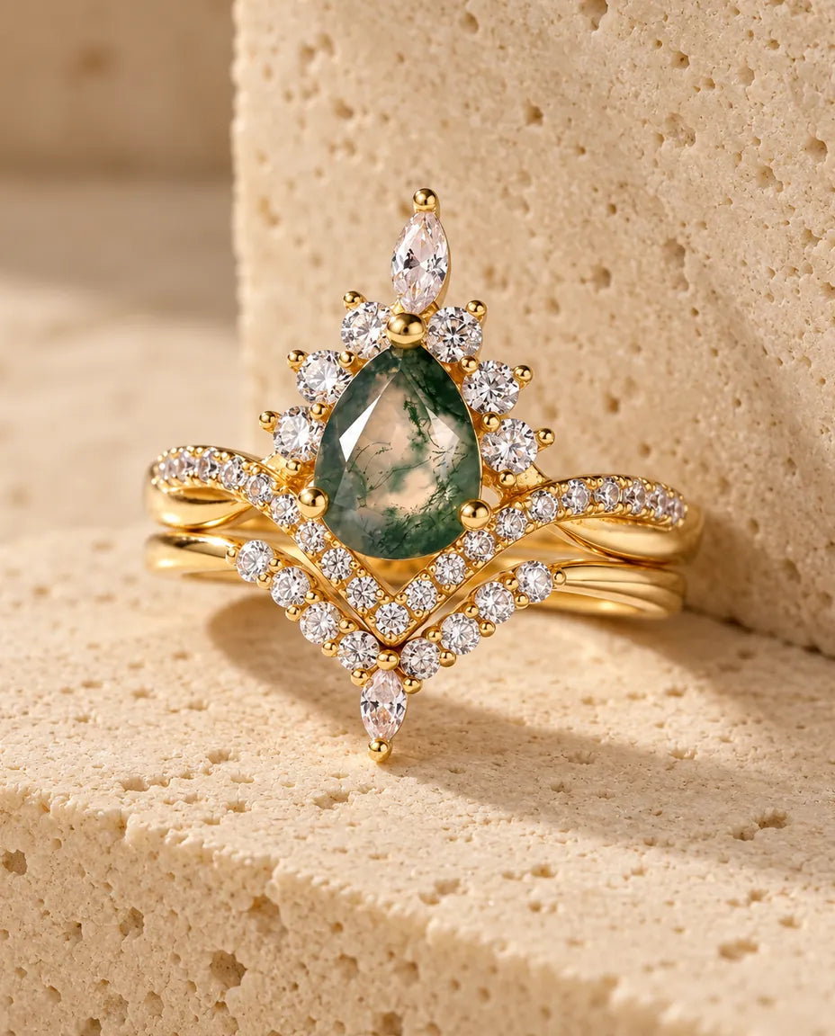 Moss Agate Ringset - hela setet