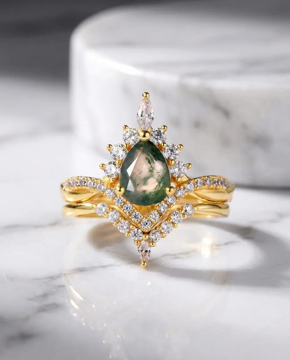 Moss Agate Ringset – Päronslipad Sten med Solstrålehalo och Följsam Ring, 925 Sterling Silver