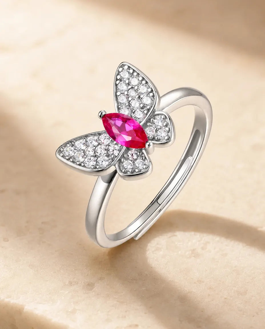 Rubinring Fjäril – Marquiseslipad Labbskapad Rubin i 925 Sterling Silver, Justerbar Öppen Ring