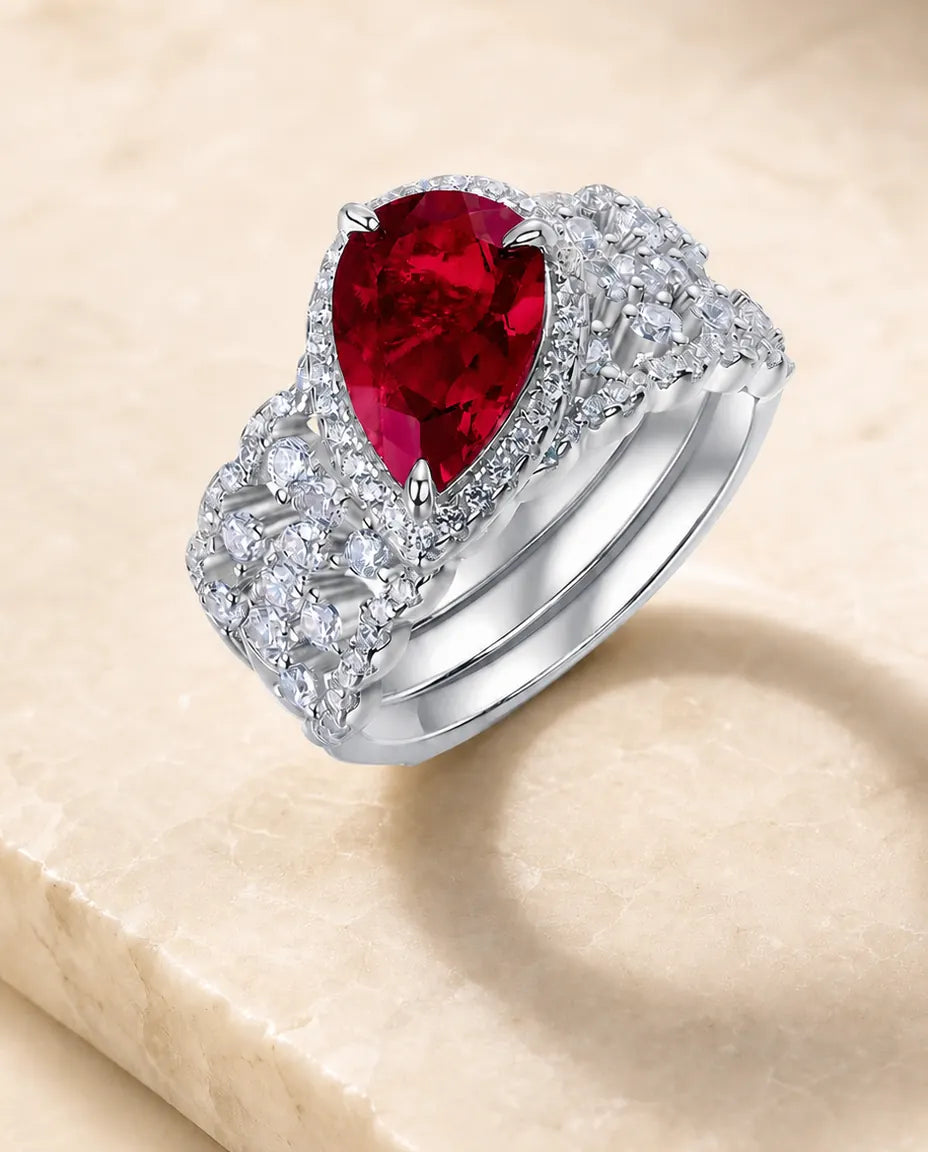 Rubinring Ringset – Päronslipad Labbskapad Rubin med Halo, Två Ringar i 925 Sterling Silver
