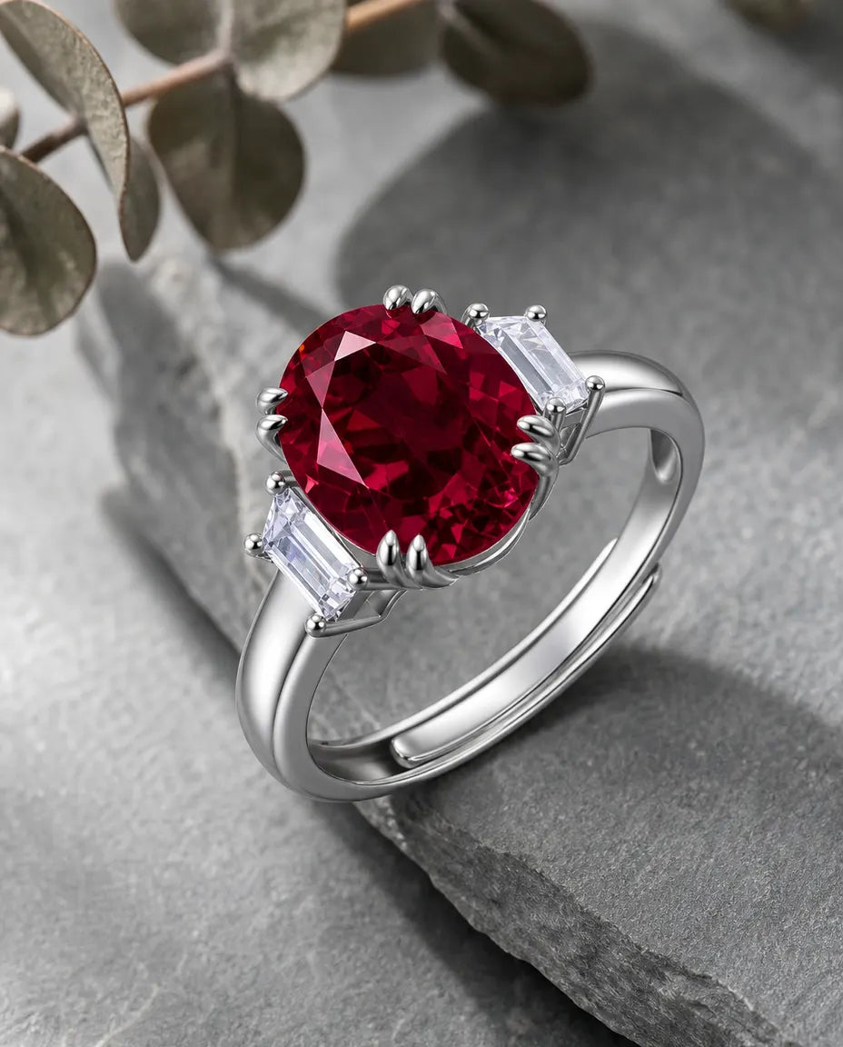 Rubinring – Stor Oval Labbodlad Rubin 8 x 10 mm med Baguetter, Statementring i 925 Sterling Silver