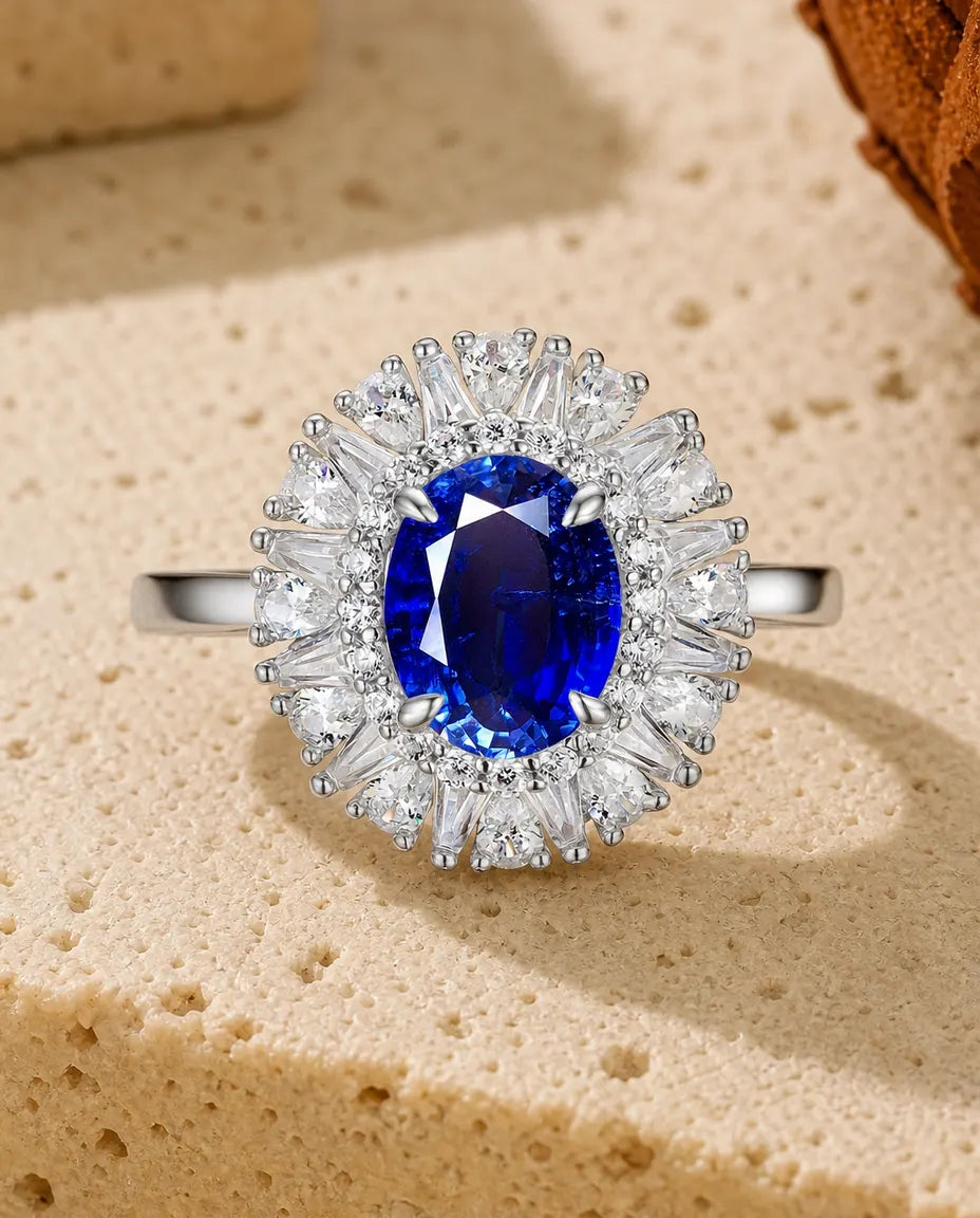 Safirring Halo – Oval Labbskapad Blå Safir med Strålande Baguettekrans i 925 Sterling Silver