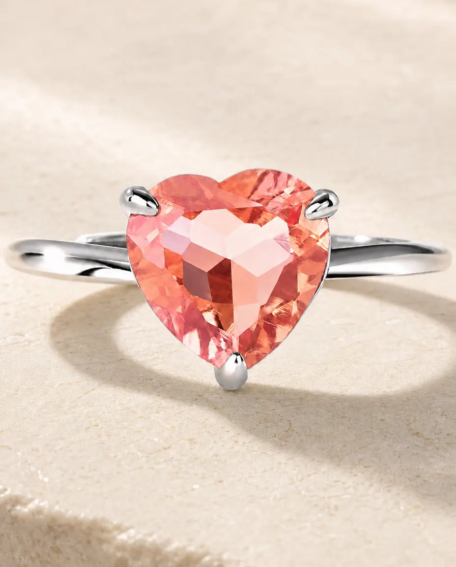Rosa Safirring Solitär – Hjärtslipad Labbskapad Rosa Safir, Justerbar Öppen Ring i 925 Sterling Silver
