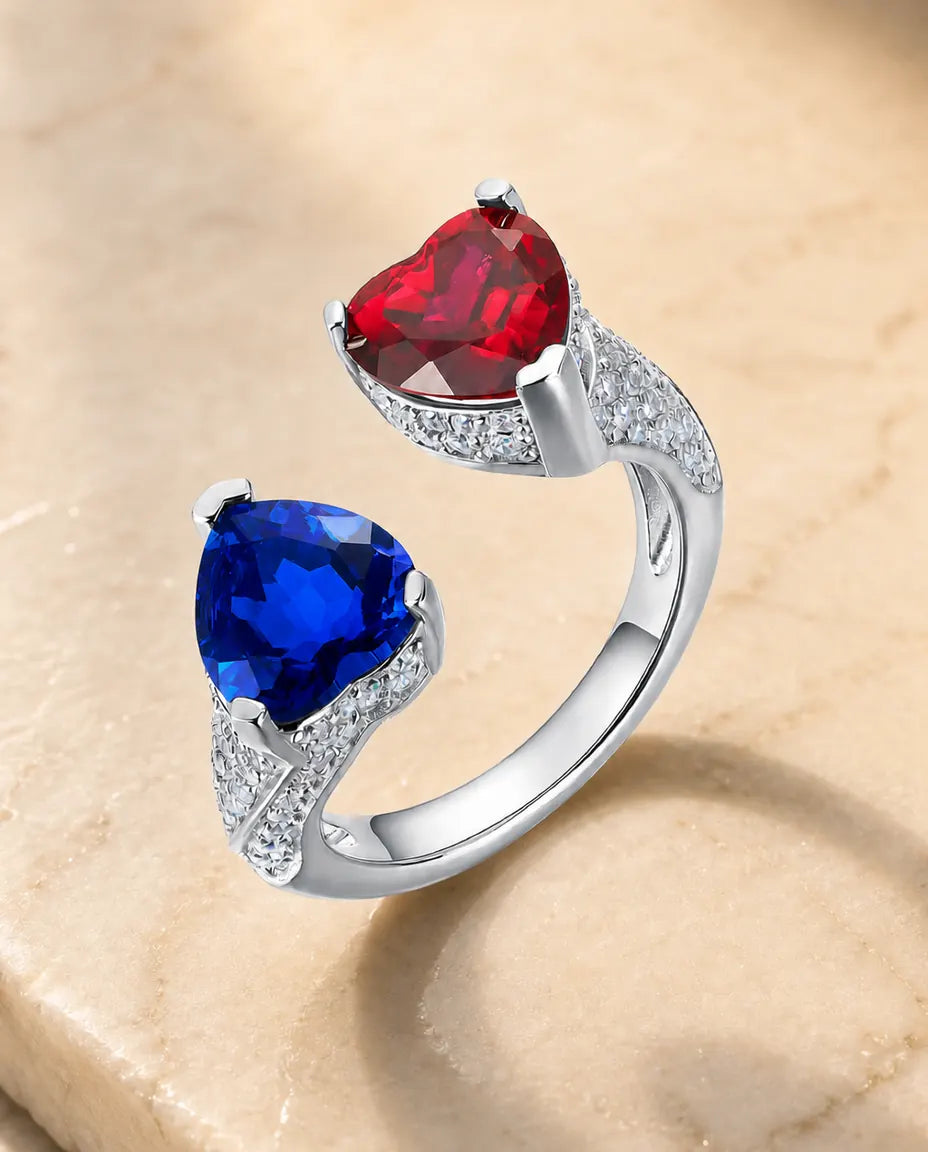 Safir- och Rubinring – Toi et Moi med Två Hjärtan i 925 Sterling Silver, Justerbar